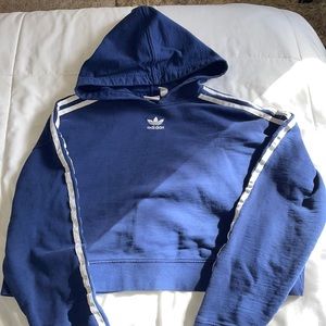 Adidas crop hooded long sleeve sweat shirt, navy blue, size xs